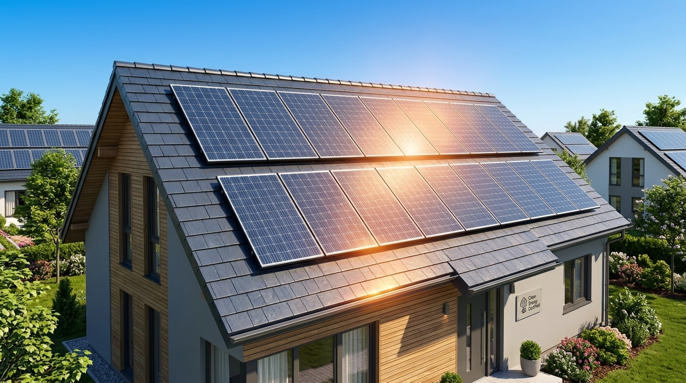 Painéis solares em telhado residencial